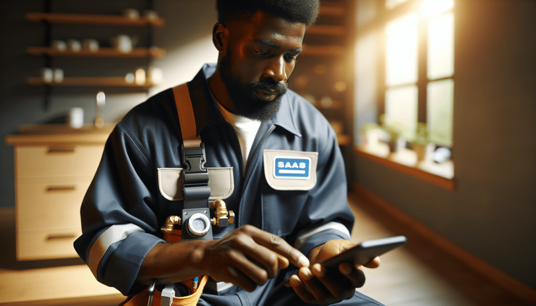 Plumber using advanced field service software on a tablet to manage plumbing service tasks