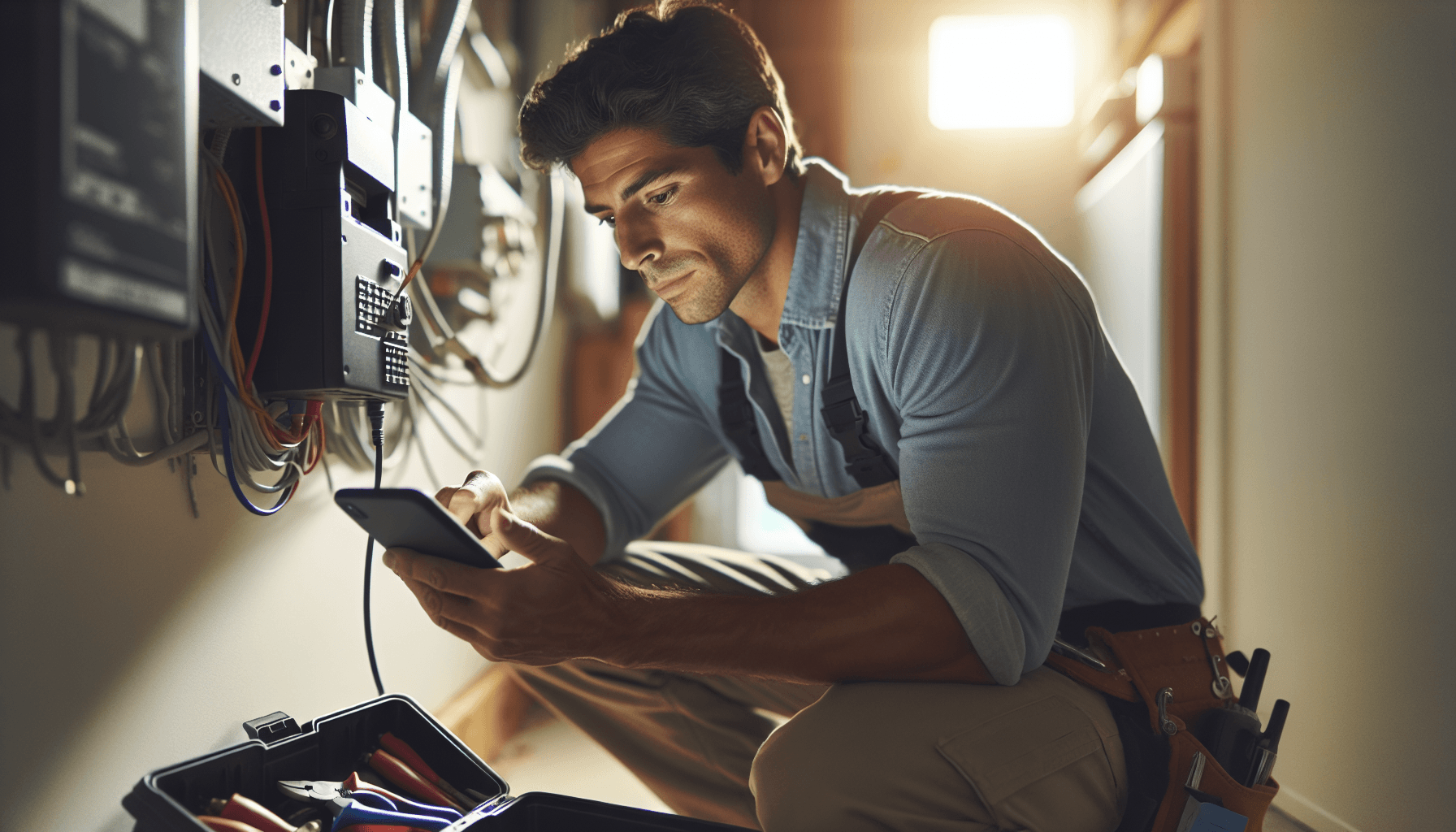 Technician Using Software to Manage Service Jobs and Invoices