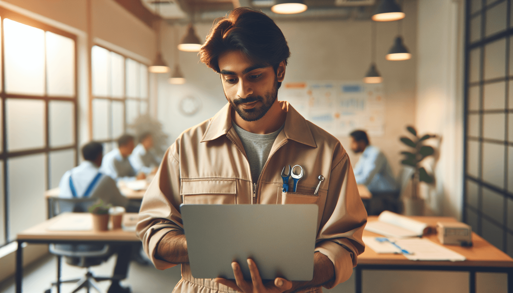 Digital illustration of field service management tools on a tablet screen